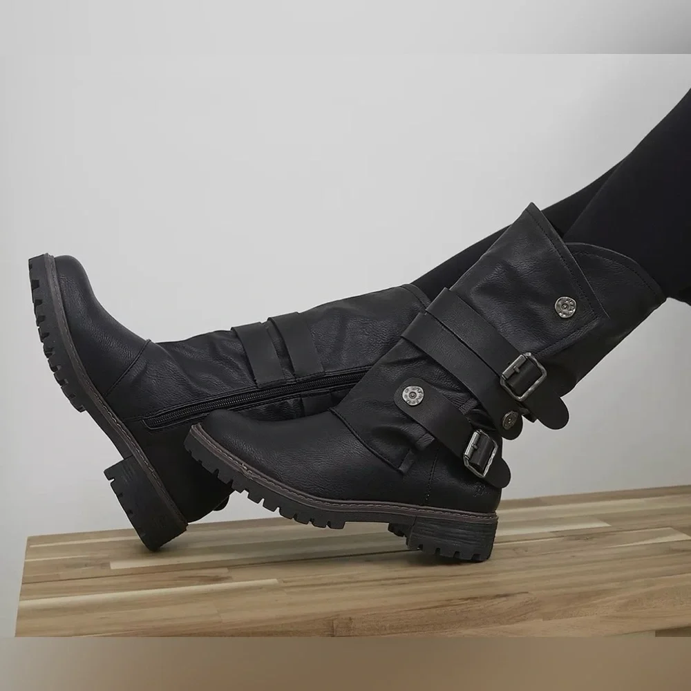 Blowfish Malibu Rider Moto Boots Black | Buckle Strap Vegan Boots | Size 7 - Picture 2 of 11